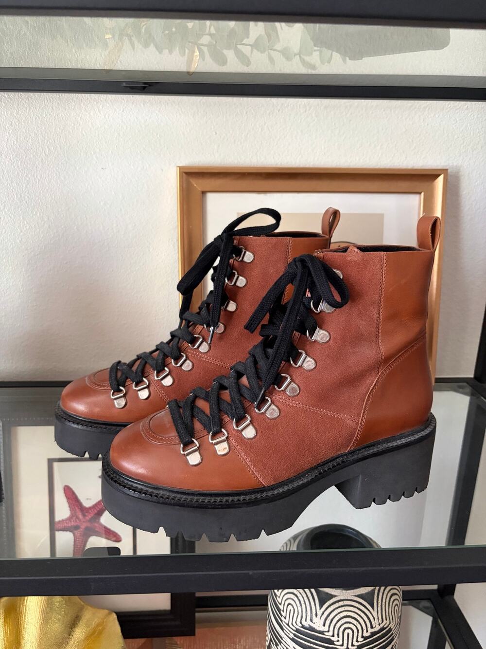 ASOS Leather Platform Combat Boots Womens US 6 Brown Lug Sole Lace Up
